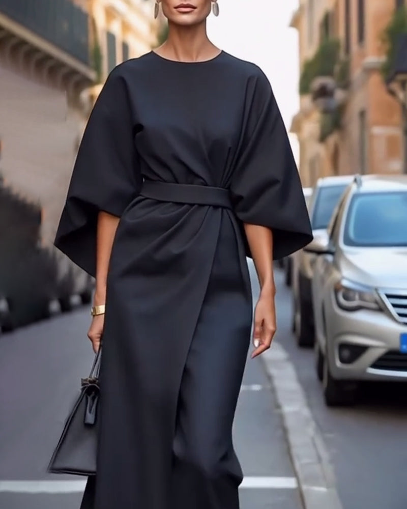 Dames Elegante Midi-Jurk met ceintuur en wijde mouwen