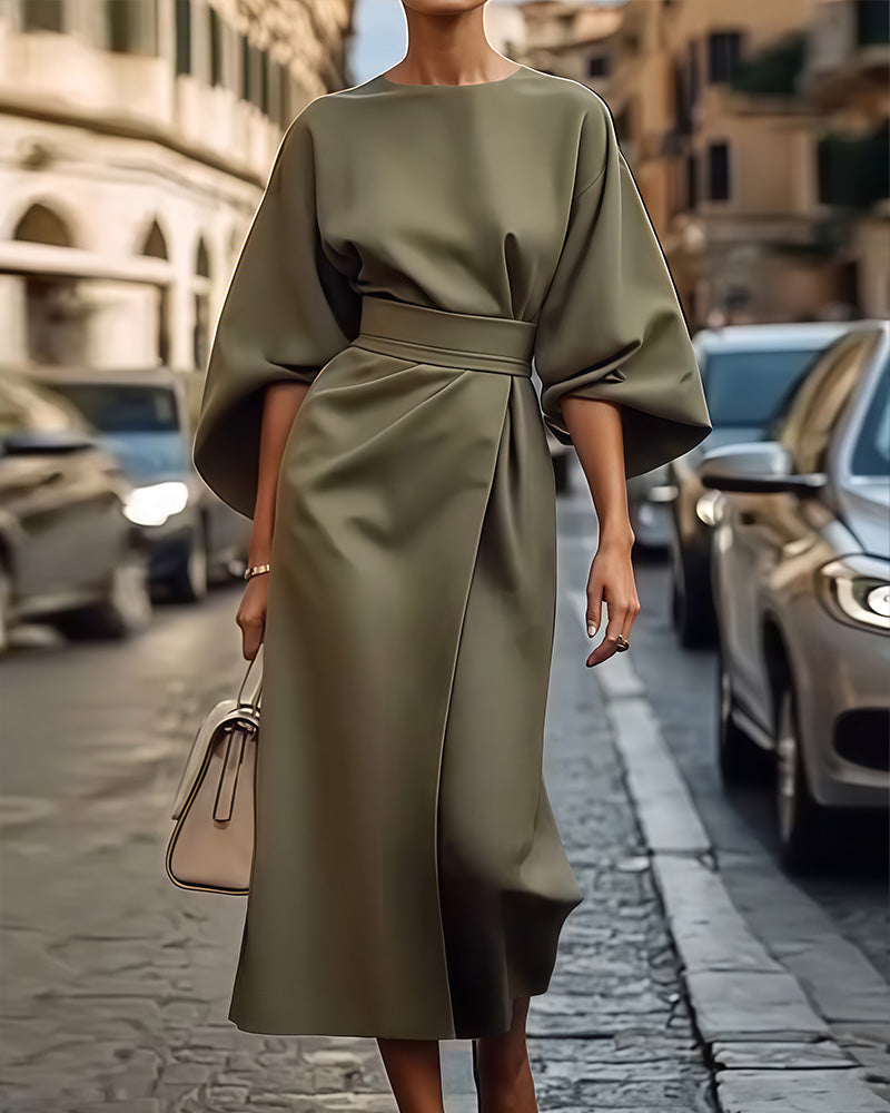 Dames Elegante Midi-Jurk met ceintuur en wijde mouwen