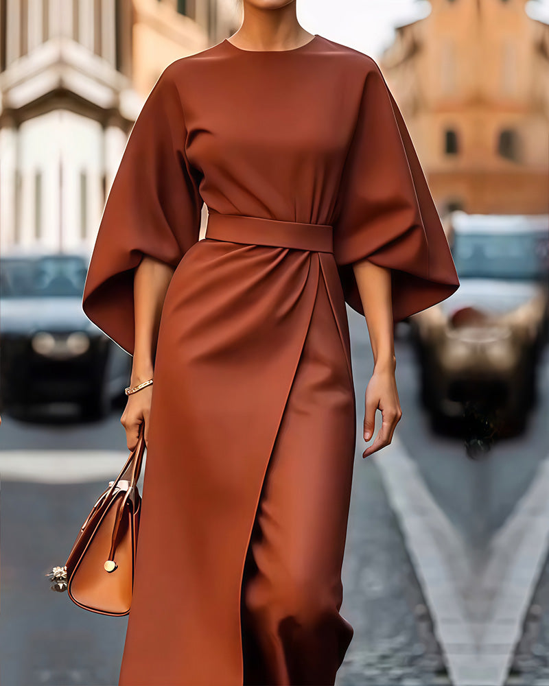 Dames Elegante Midi-Jurk met ceintuur en wijde mouwen