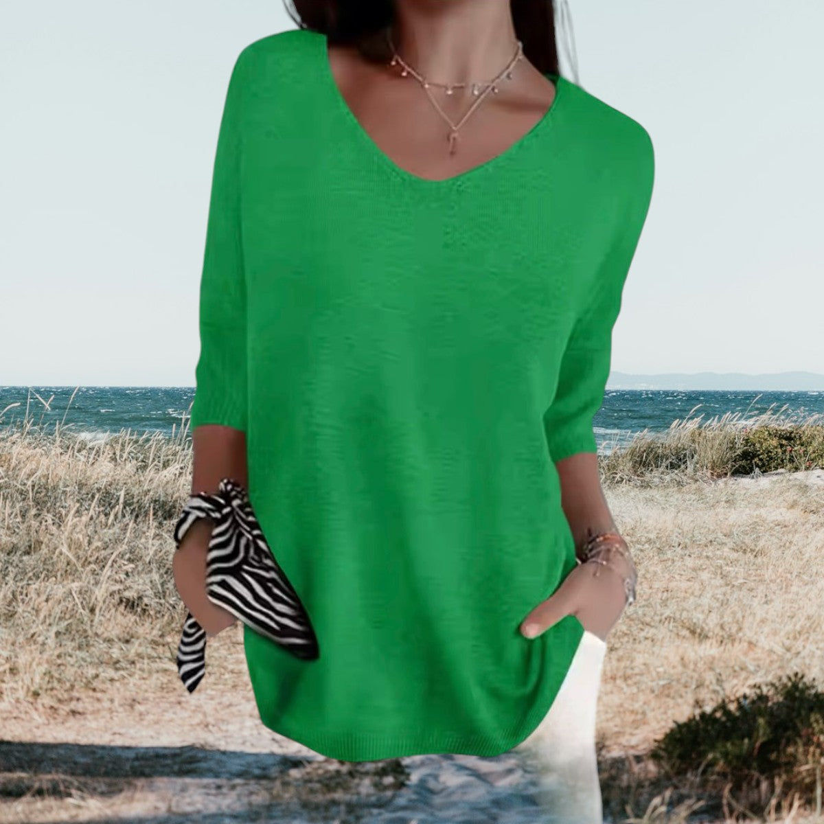 Dames zomerse top met v hals driekwart mouw