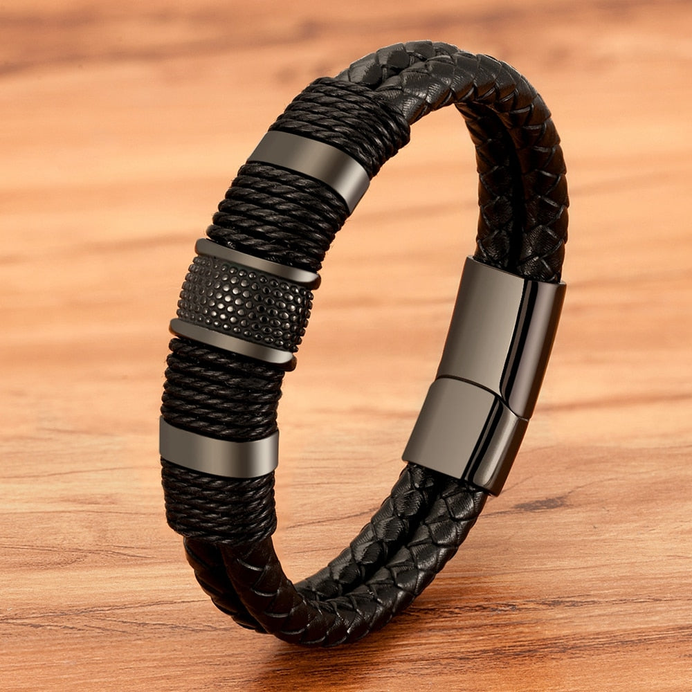 Armband gevlochten leer met metalen details