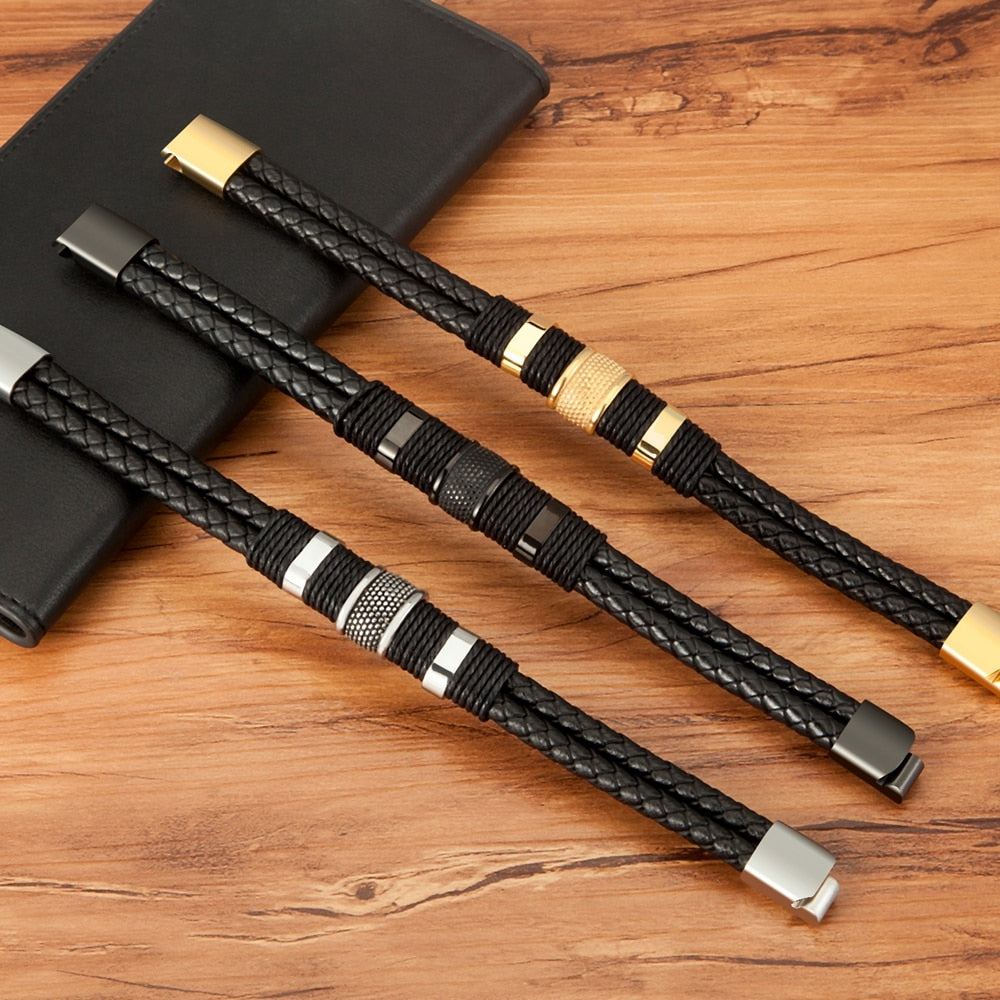 Armband gevlochten leer met metalen details