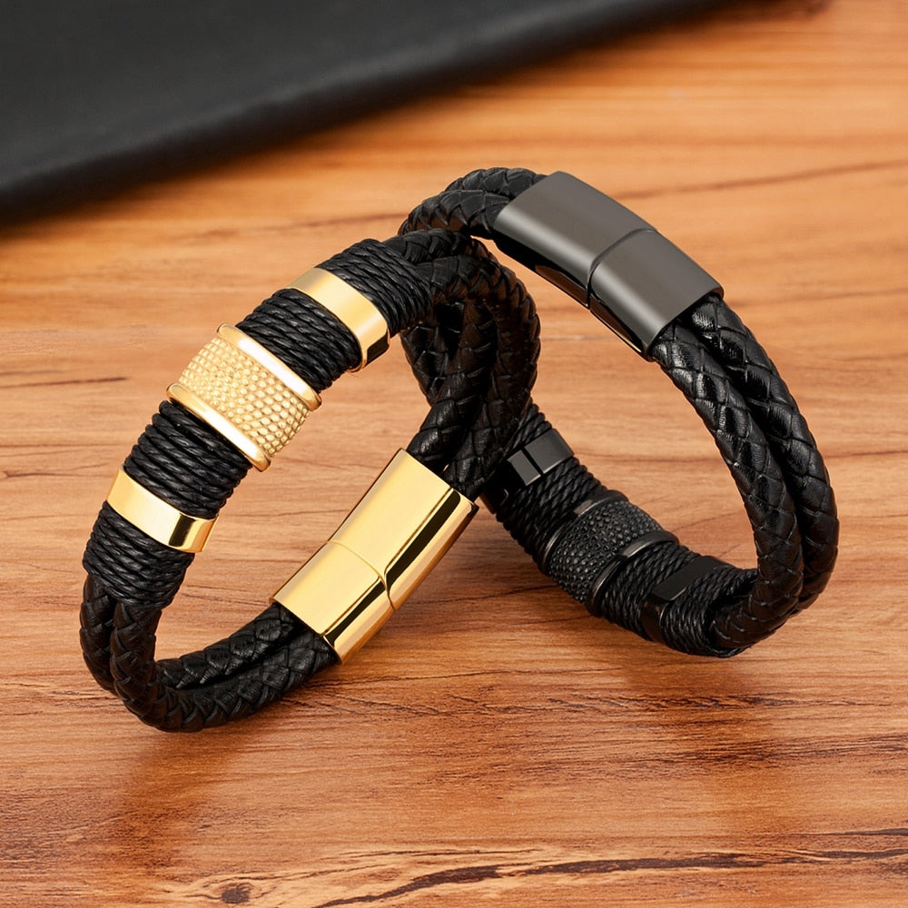Armband gevlochten leer met metalen details