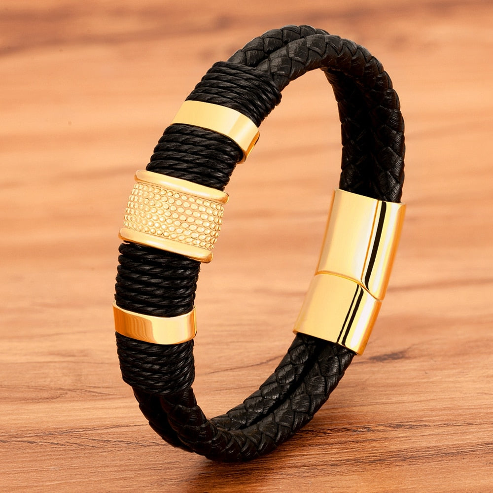 Armband gevlochten leer met metalen details