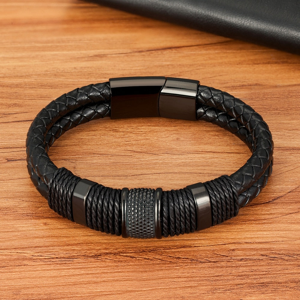 Armband gevlochten leer met metalen details