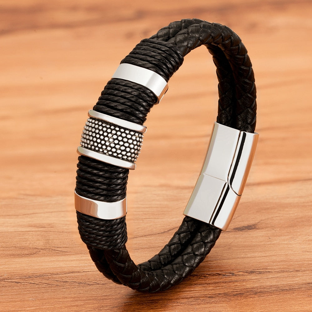 Armband gevlochten leer met metalen details