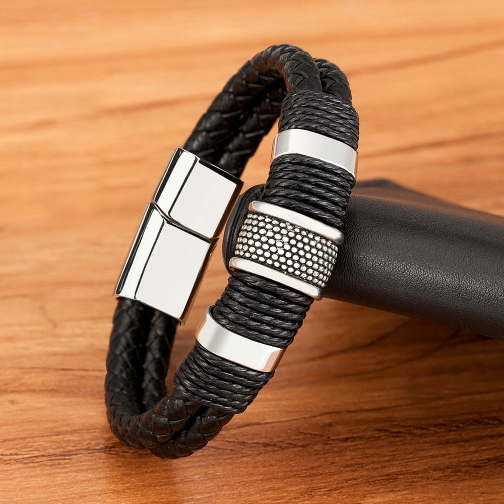 Armband gevlochten leer met metalen details