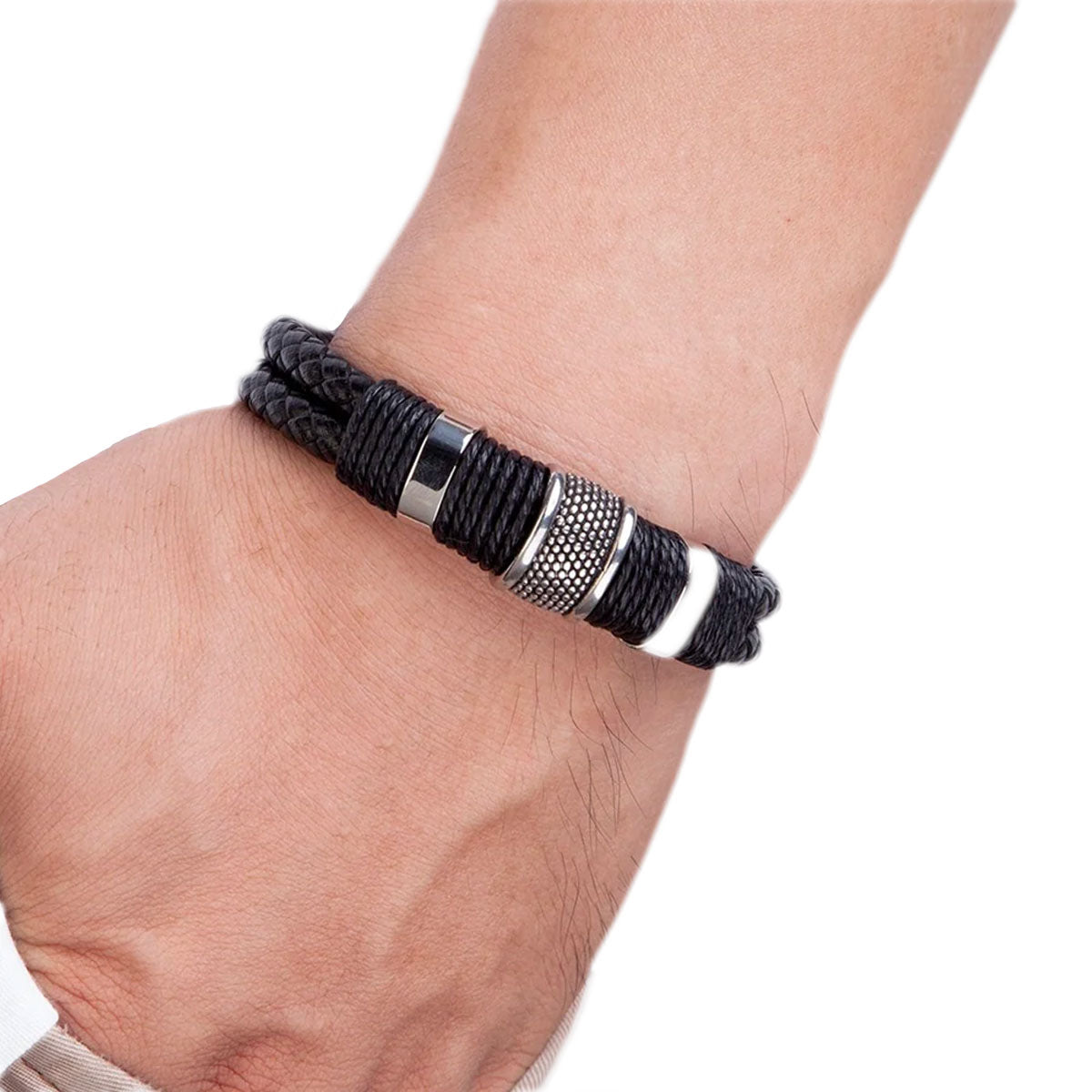 Armband gevlochten leer met metalen details