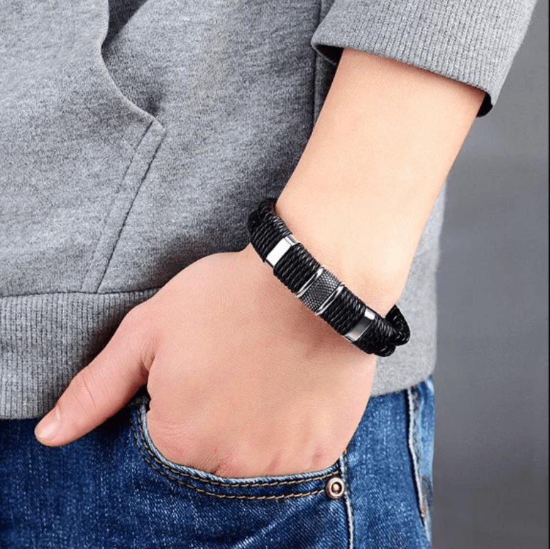 Armband gevlochten leer met metalen details