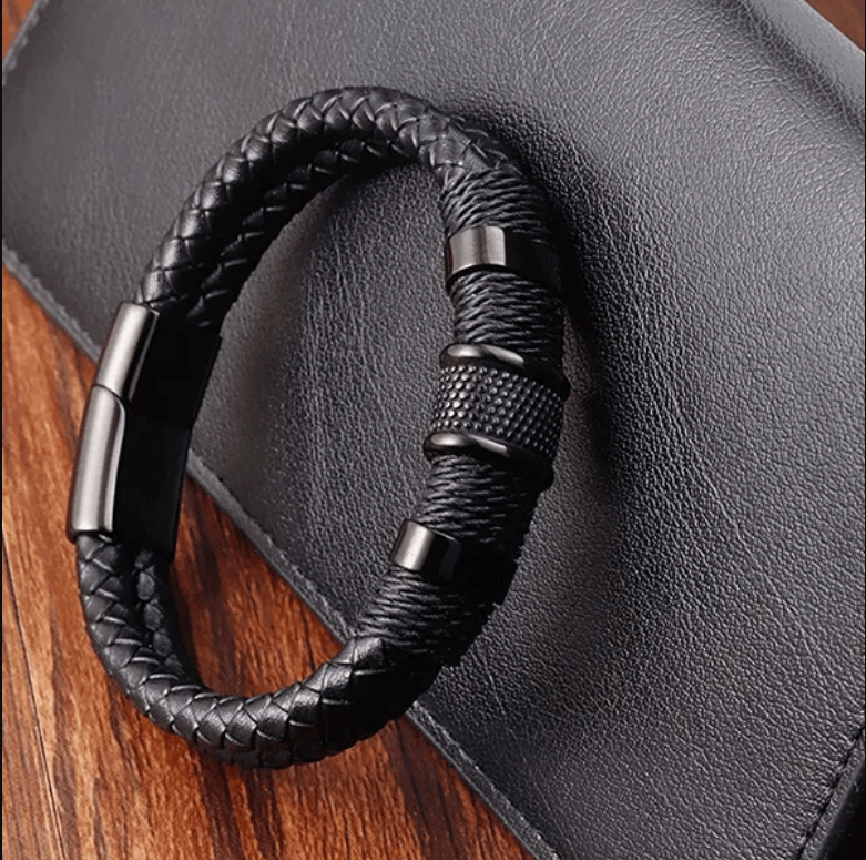 Armband gevlochten leer met metalen details