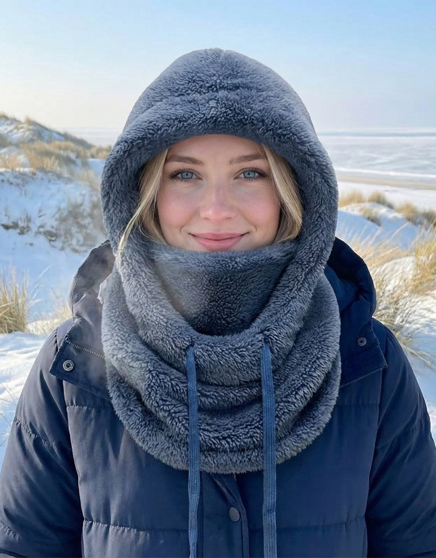Femke - Warme wintermuts met sjaalkap voor dames Detail