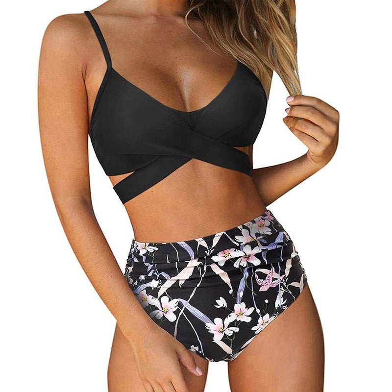 Fleur - Kleurrijke high waist damesbikini met crossover top Close Up