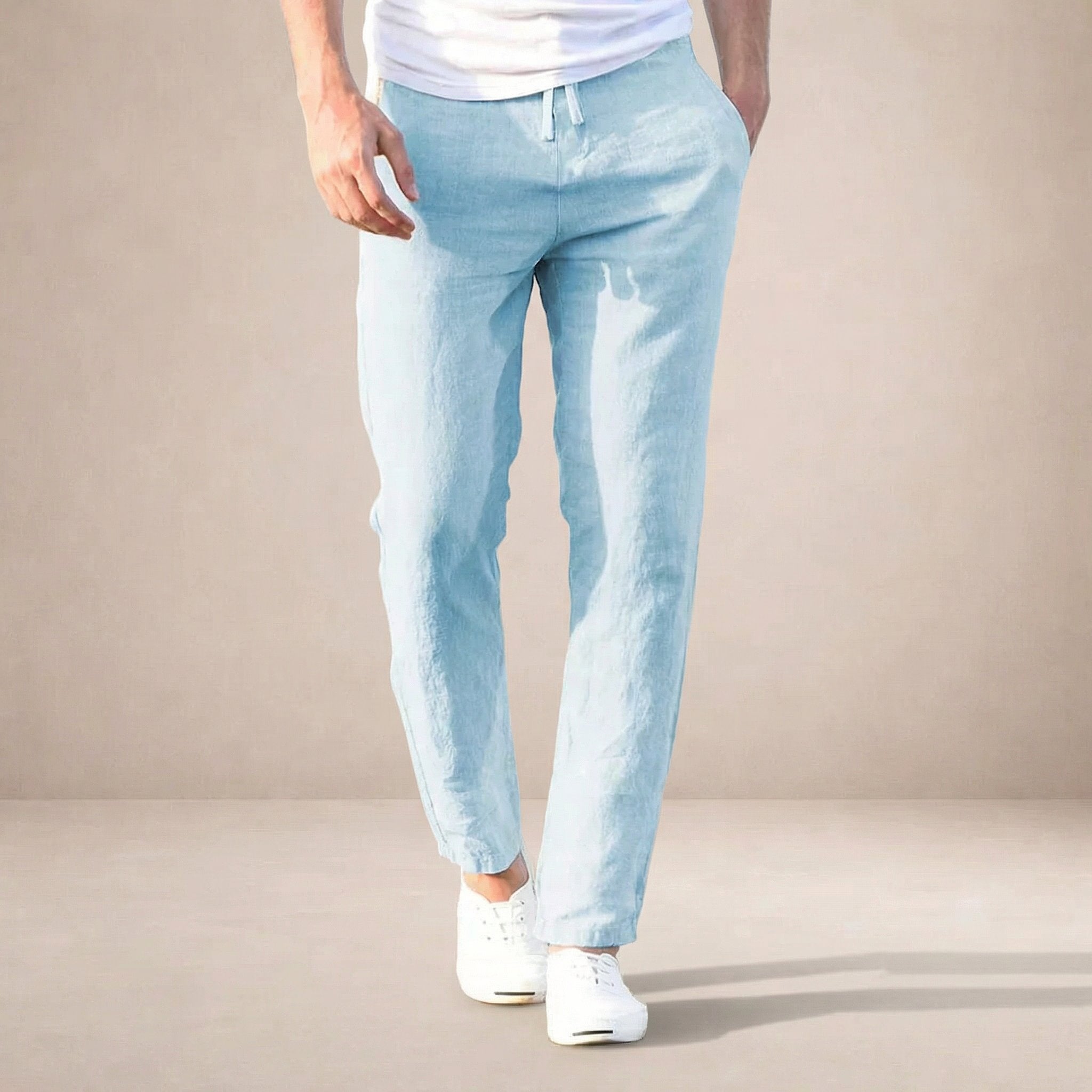 Giel - Luchtige linnen zomerbroek met elastische taille voor heren Close Up