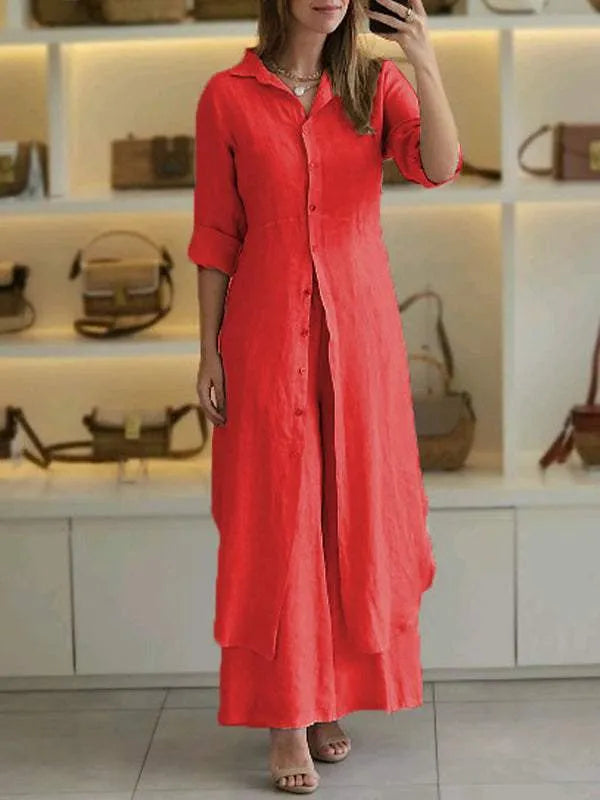Dames tweedelige linnen set met blouse