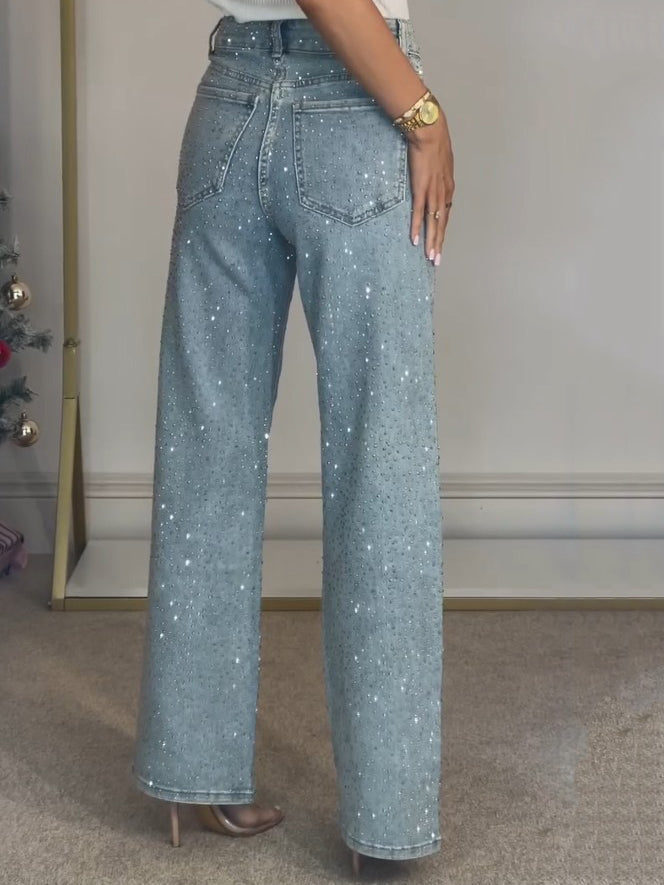 Dames Glitter Denim Jeans met Wijde Pijpen