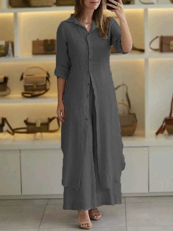 Dames tweedelige linnen set met blouse