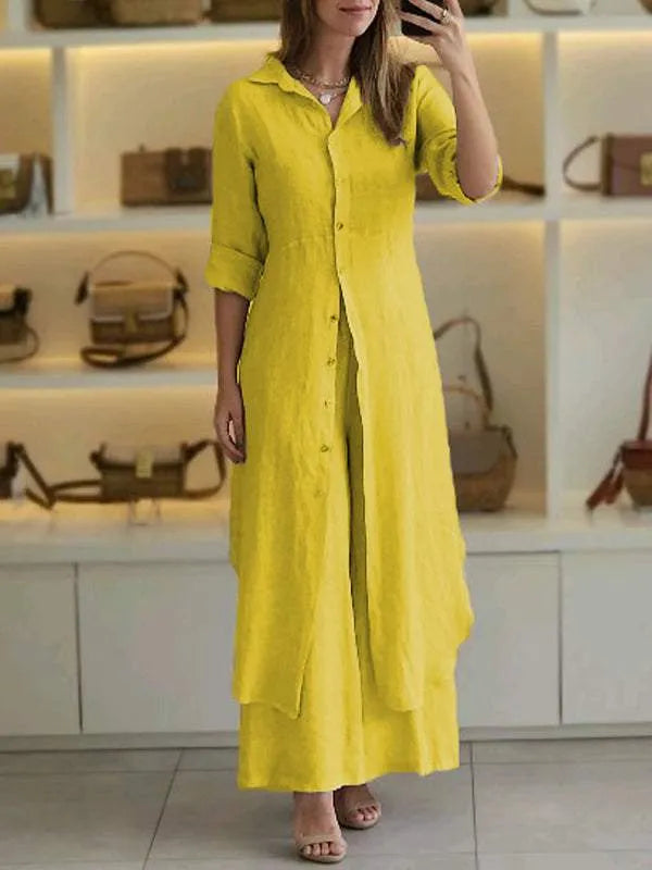Dames tweedelige linnen set met blouse