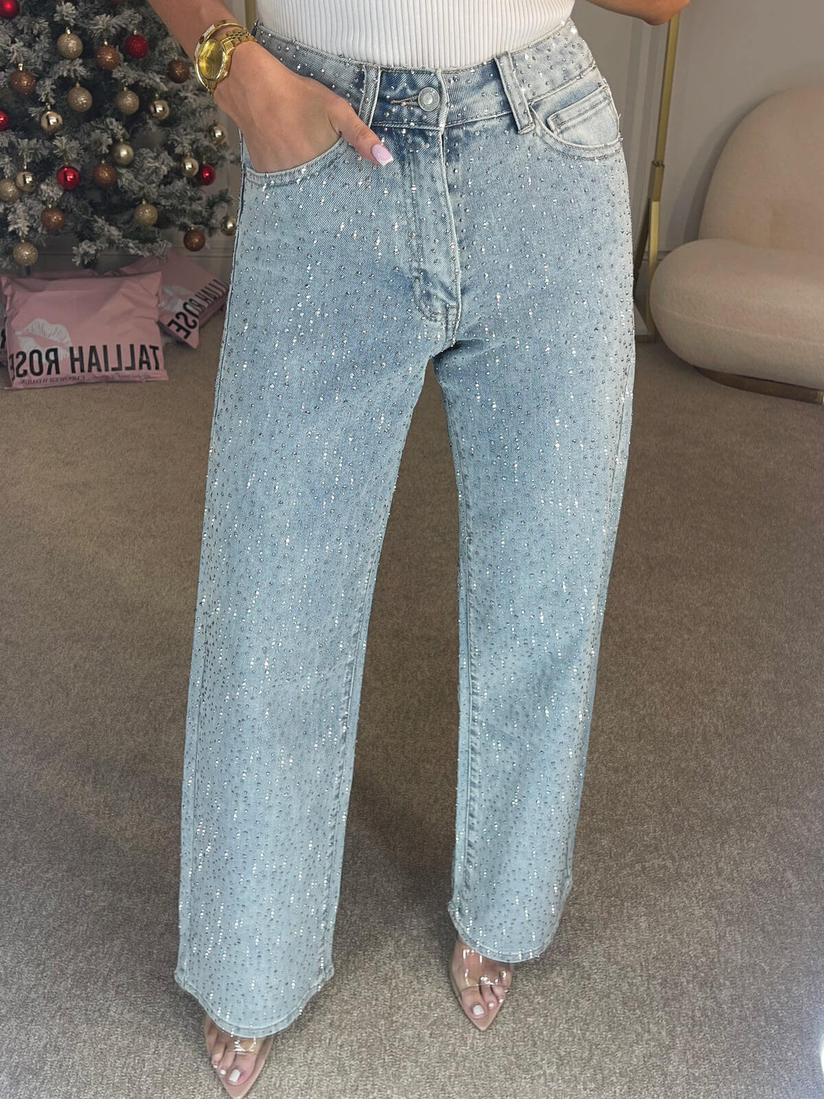 Dames Glitter Denim Jeans met Wijde Pijpen