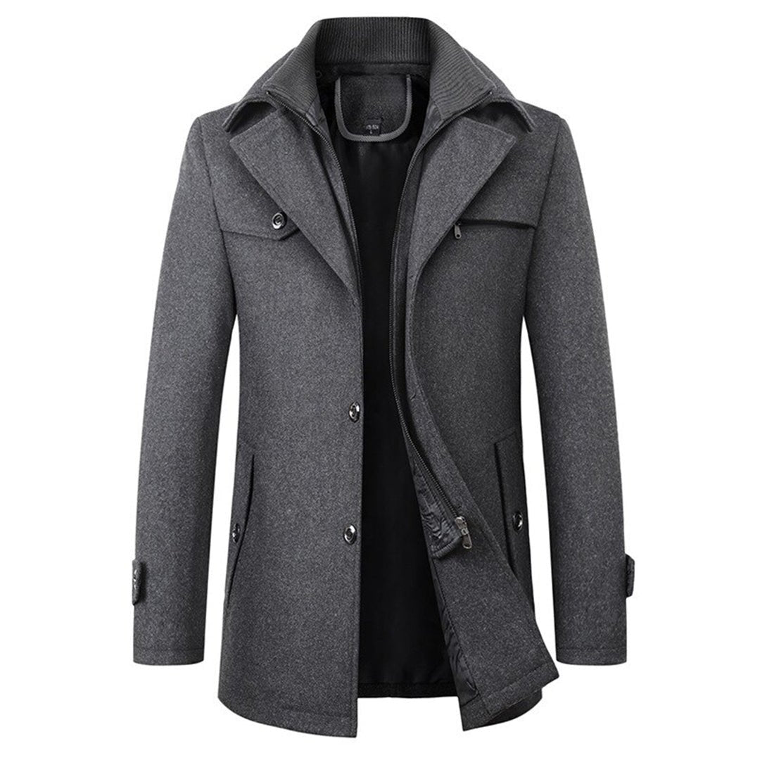 Lars - Elegante gevoerde lange herenjas met dubbele kraag Detail