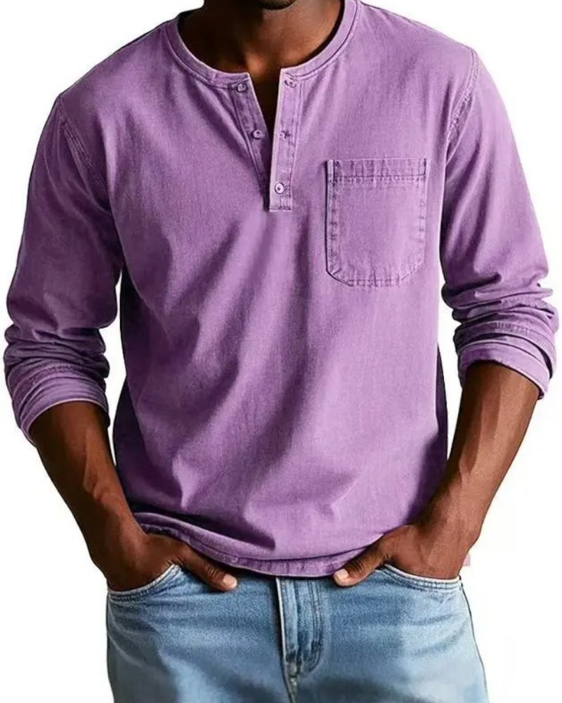 Rens - Relaxed denim henley overhemd met lange mouwen voor heren Close Up