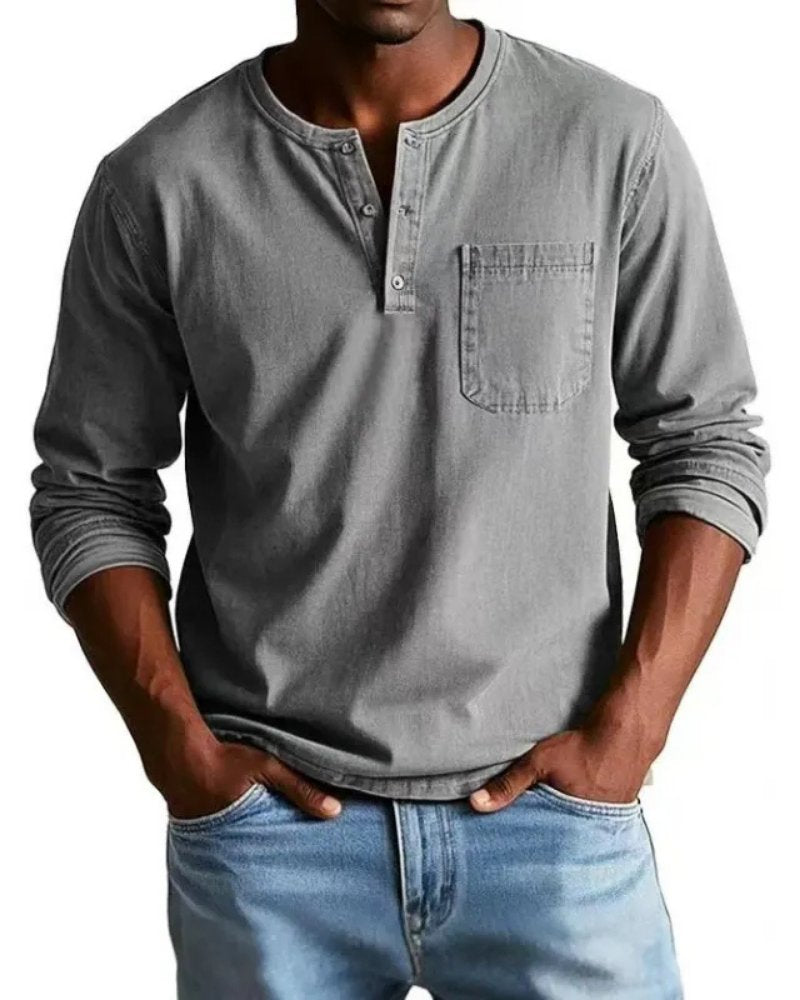 Rens - Relaxed denim henley overhemd met lange mouwen voor heren Full