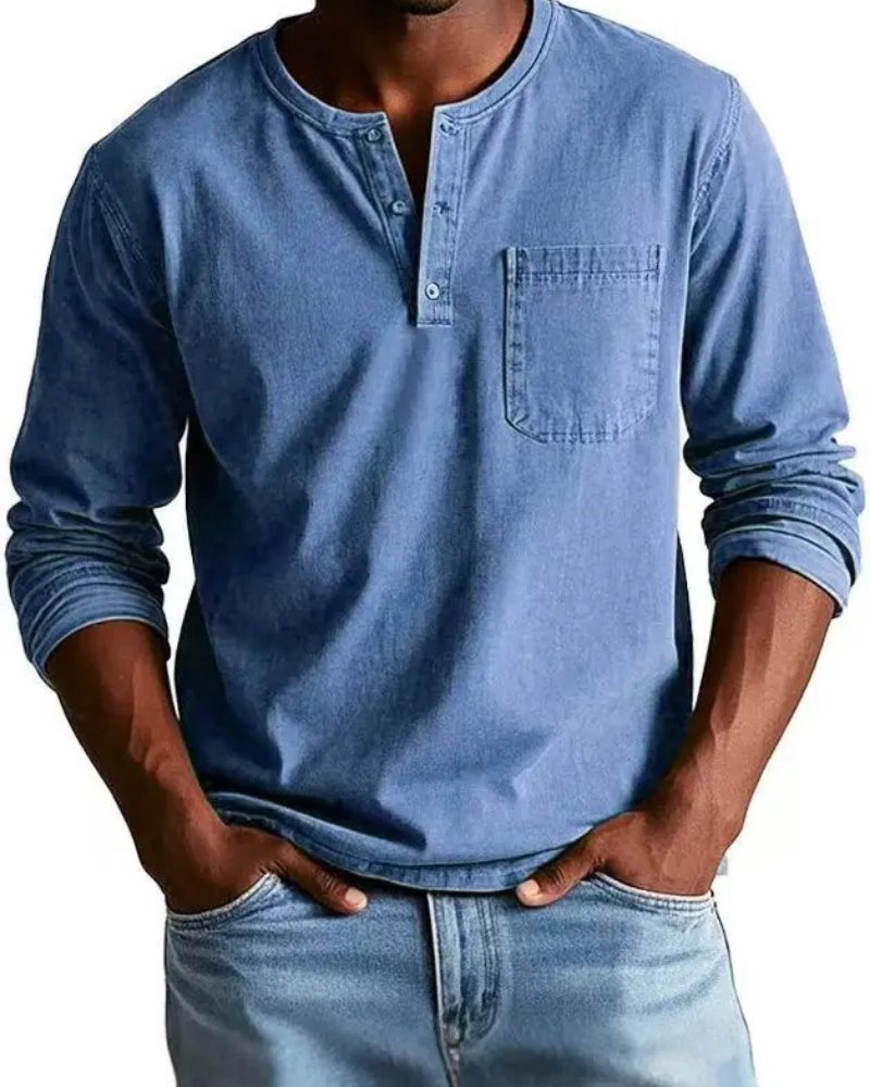 Rens - Relaxed denim henley overhemd met lange mouwen voor heren Hero