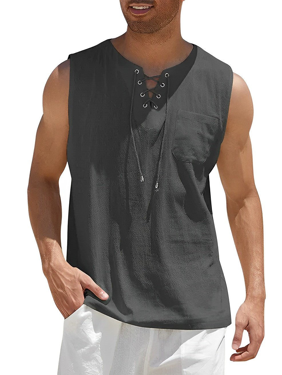 Sven - Luchtige linnen tanktop met vetertouw voor heren Back