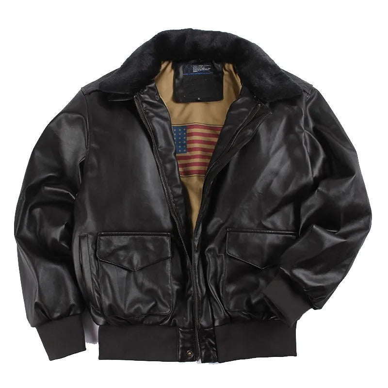Vintage Leren Motorjas van leer met Bontkraag