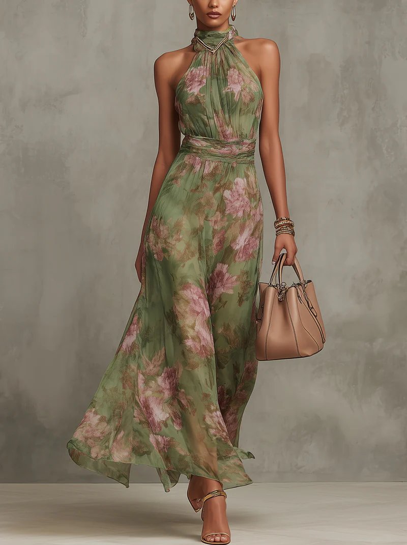Wies - Elegante bloemen maxi jurk met halternek voor dames Hero