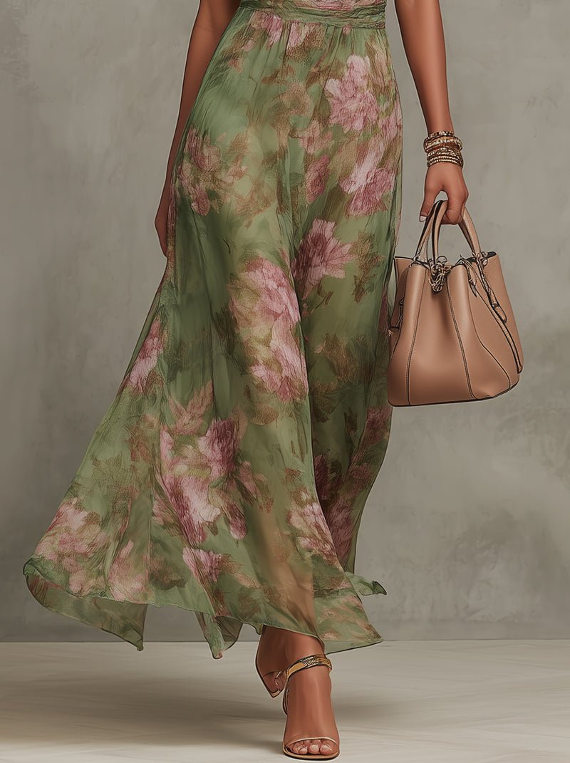 Wies - Elegante bloemen maxi jurk met halternek voor dames Side