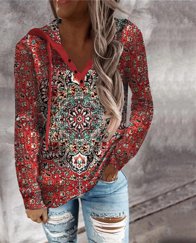 Jandy - Rood henley sweatshirt met lange mouwen en mandala print