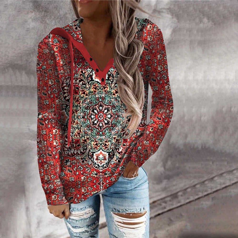 Jandy - Rood henley sweatshirt met lange mouwen en mandala print