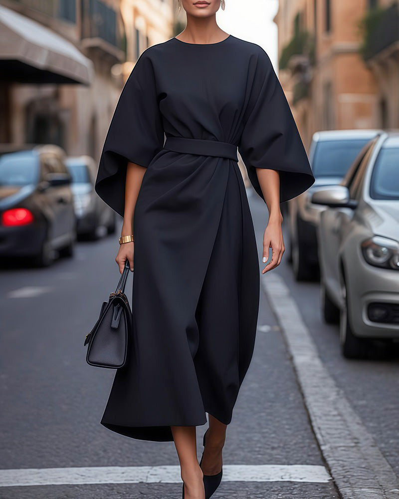 Dames Elegante Midi-Jurk met ceintuur en wijde mouwen