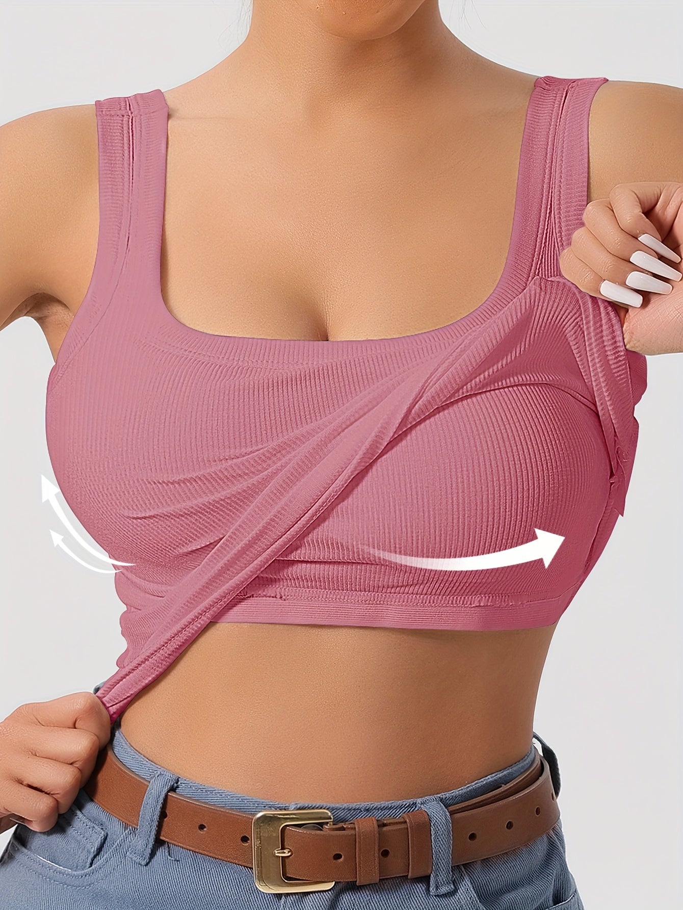 Evelien | Effen tanktop met vierkante hals en geribbelde vesttop met verwijderbaar borstkussen