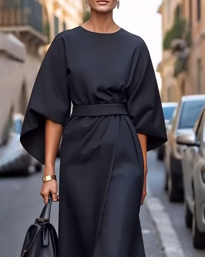 Dames Elegante Midi-Jurk met ceintuur en wijde mouwen