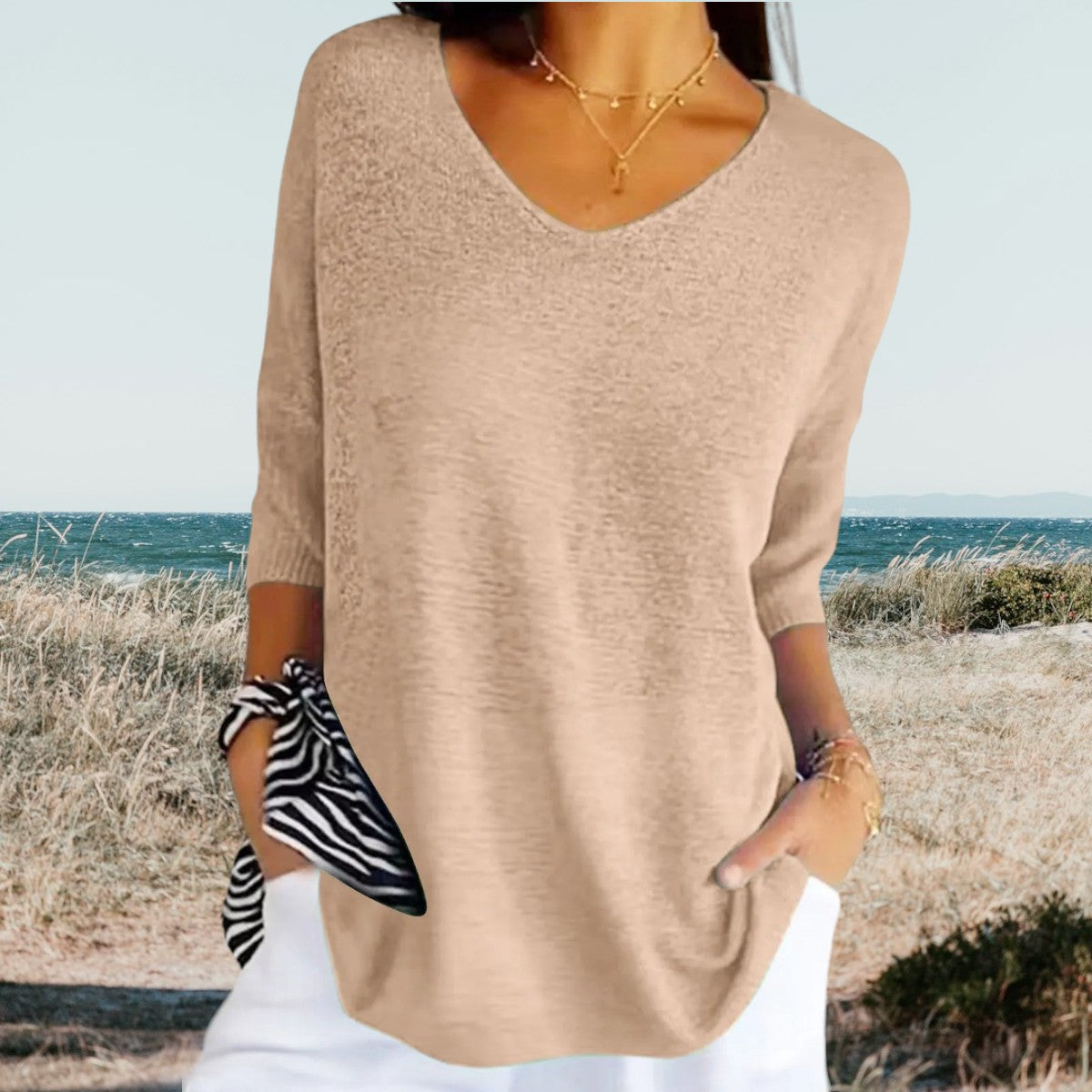 Dames zomerse top met v hals driekwart mouw