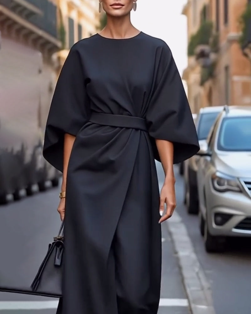 Dames Elegante Midi-Jurk met ceintuur en wijde mouwen
