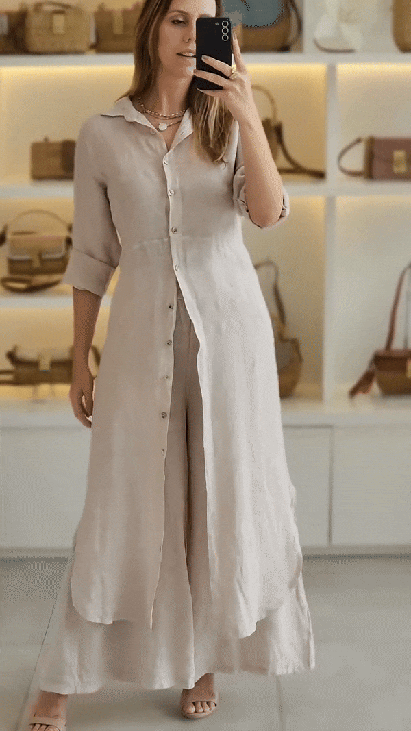 Dames tweedelige linnen set met blouse