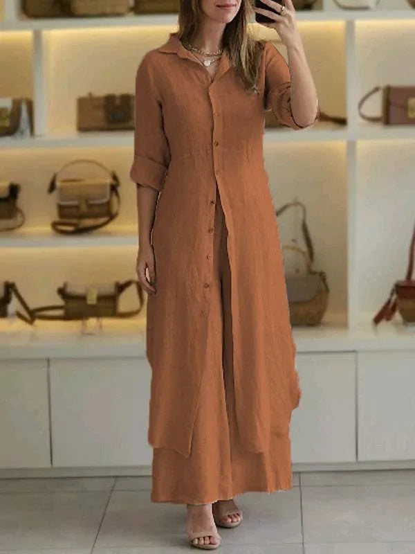 Dames tweedelige linnen set met blouse