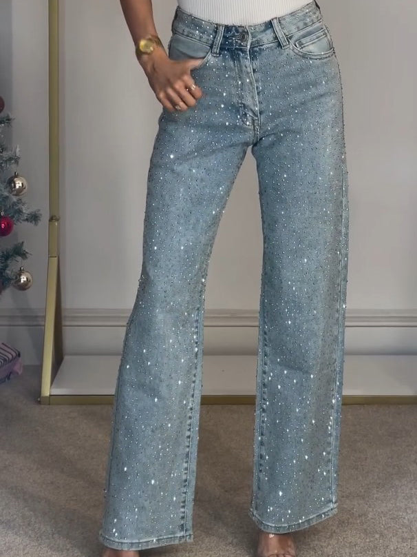 Dames Glitter Denim Jeans met Wijde Pijpen
