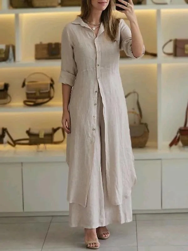 Dames tweedelige linnen set met blouse