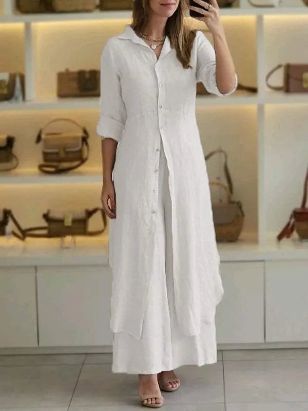 Dames tweedelige linnen set met blouse