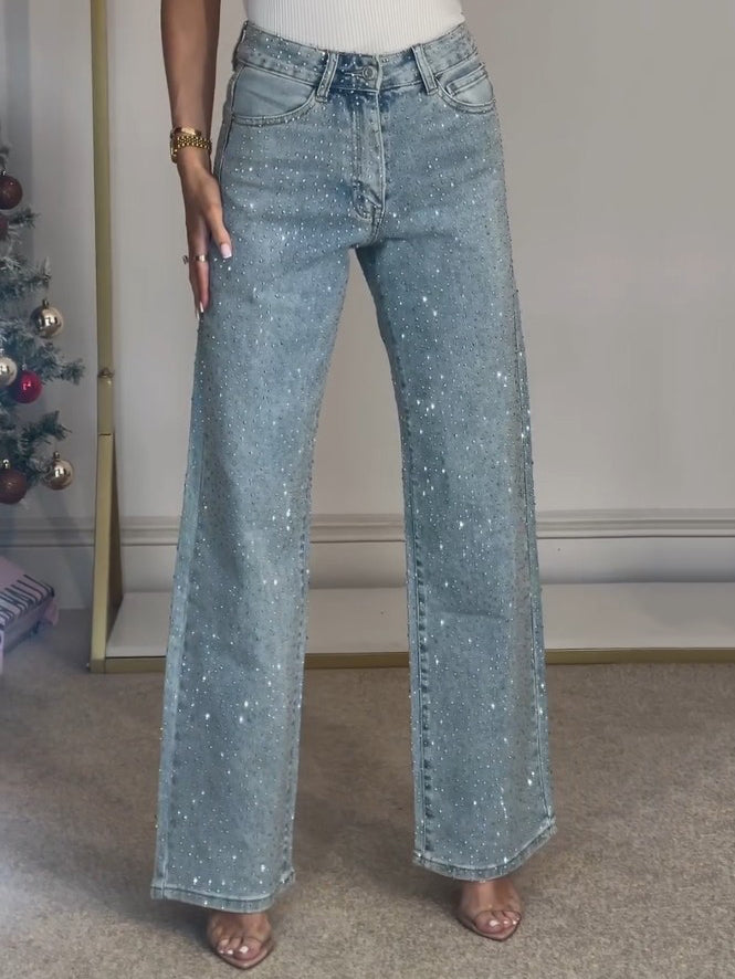 Dames Glitter Denim Jeans met Wijde Pijpen