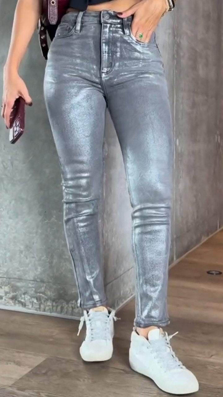 Skinny jeans voor dames met een metallic afwerking