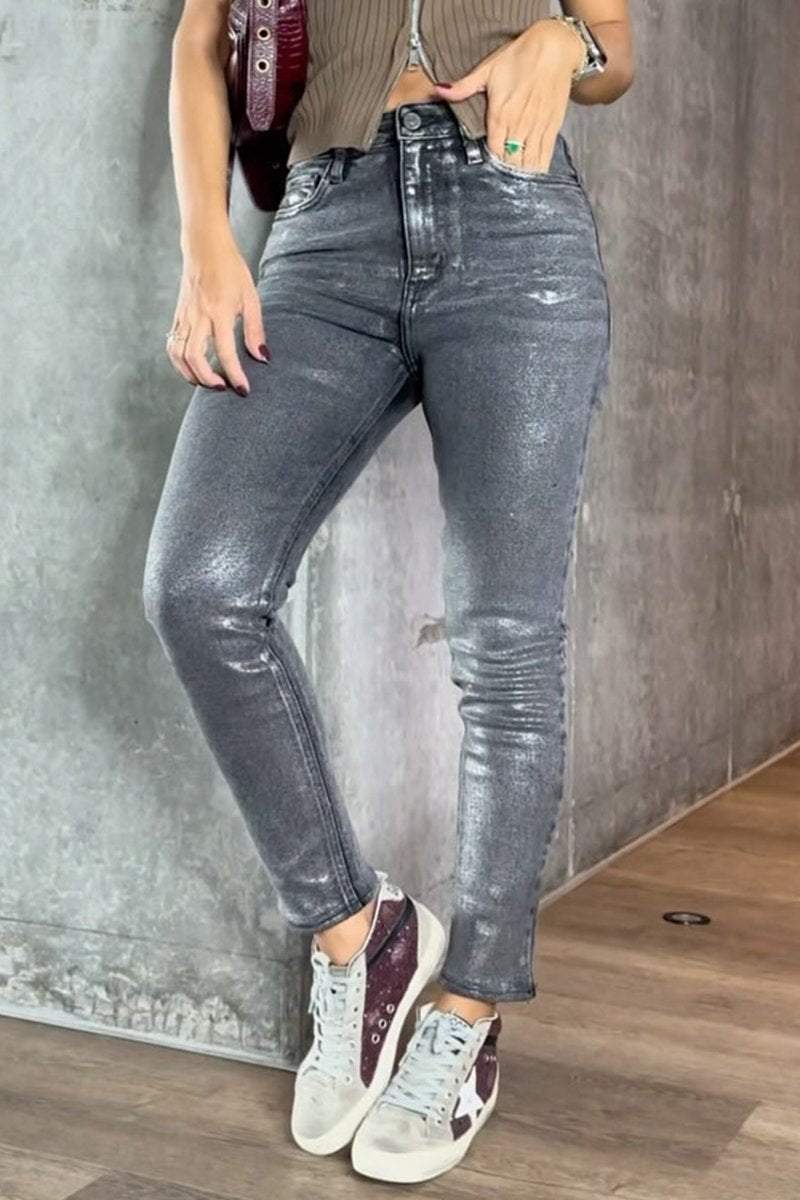 Skinny jeans voor dames met een metallic afwerking