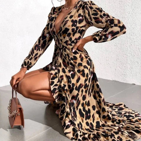 Jurk dames v hals luipaardprint