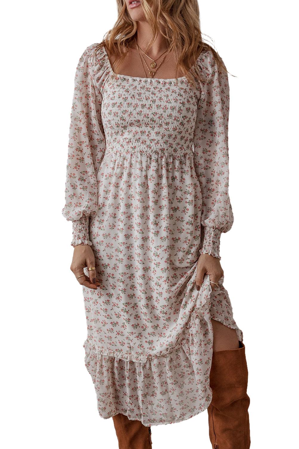 Midi Jurk met Bloemenprint en Ruches