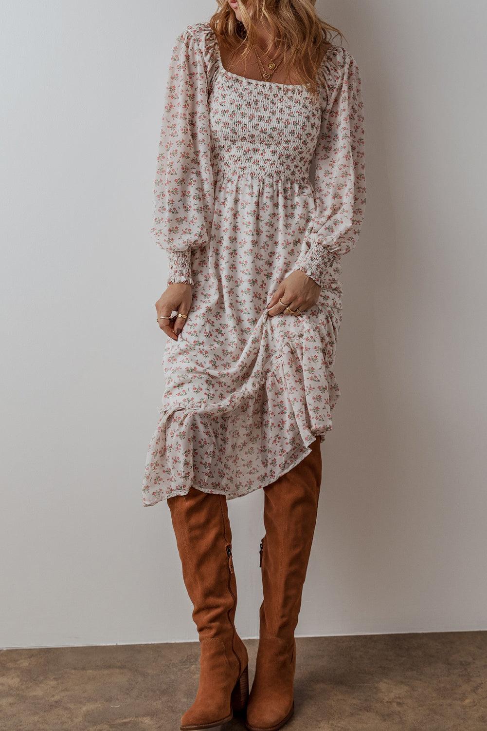 Midi Jurk met Bloemenprint en Ruches