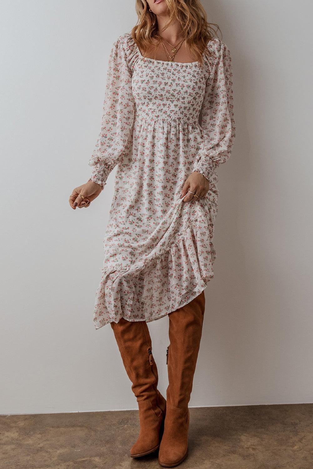 Midi Jurk met Bloemenprint en Ruches