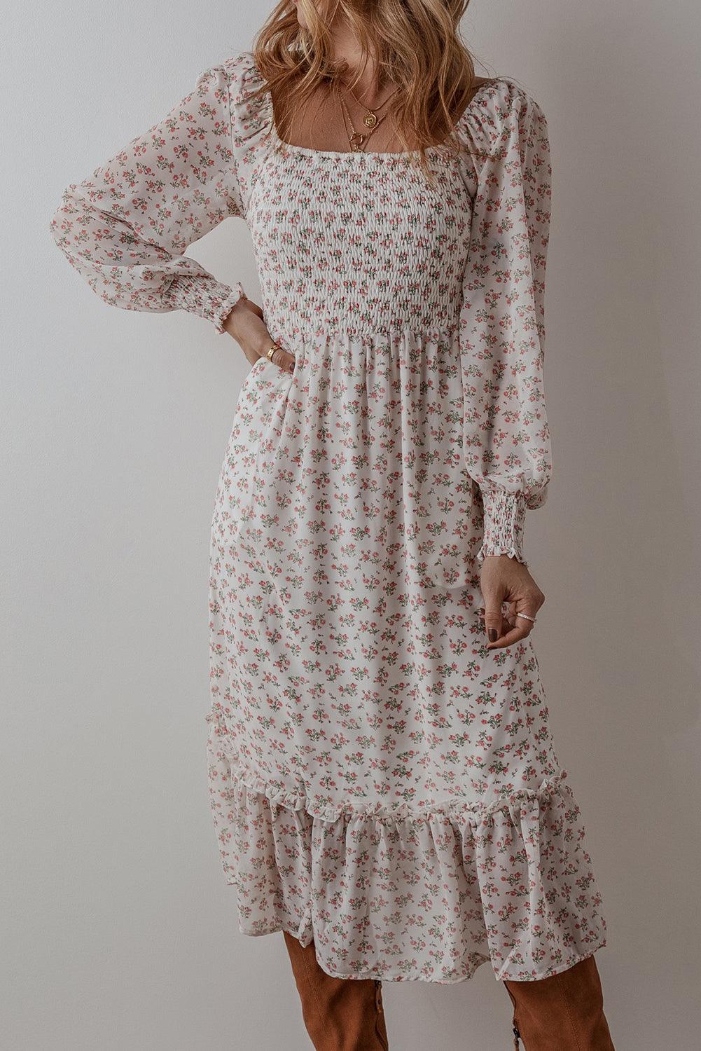 Midi Jurk met Bloemenprint en Ruches